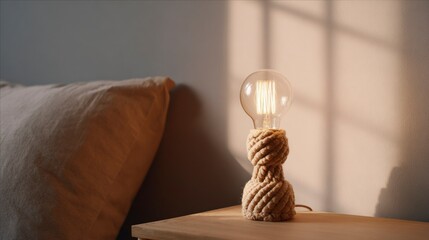 Macrame rope lamp on bedside table casting soft shadows in neutral bedroom  