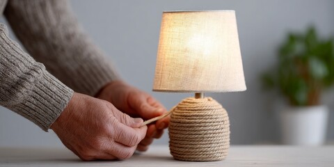 Person wrapping excess rope cord neatly beside lamp base with warm light  