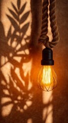 Glowing bulb partially obscured by rope loops casting intricate shadows  