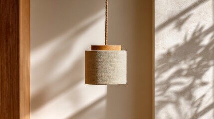 Rope and knot lamp styled in Japandi-inspired interior with wood texture  
