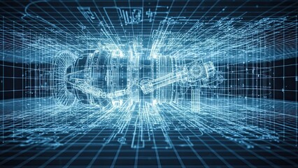 Futuristic 3D blueprint of complex machinery in blue wireframe on grid background