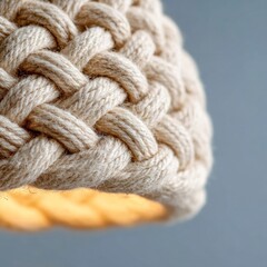 Close-up of macrame knot cluster supporting lamp cord in warm light concept of Rope & knot lamps  