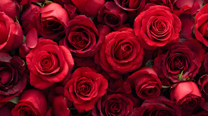 Obraz premium Natural fresh red roses flowers pattern wallpaper. top view, Red rose flower wall background.