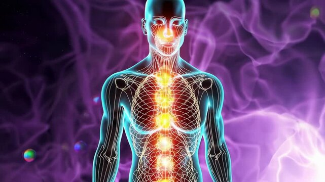 Human chakra energy points glowing with color shift, seamless loop 4K