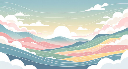 Dreamy Pastel Landscape With Rainbow Mountains, Minimalist Pastel Fantasy Landscape Illustration, Soft Rainbow Mountains and Fluffy Clouds in Pastel Tones.