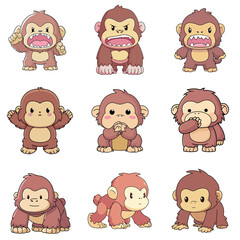 Set Icon of Orangutan kawaii minimal flat