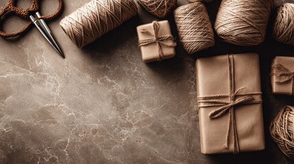 Craft Supplies Arranged on a Marble Surface Showing Twine, Wrapped Gifts, and Scissors
