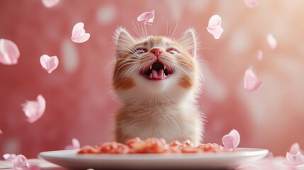 Adorable kitten enjoying salmon on a plate surrounded by hearts and petals