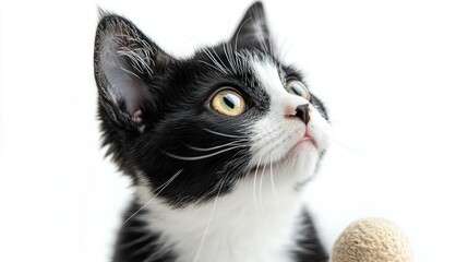 A black and white cat gazing intently at a ball of string in a playful scene