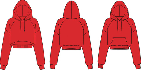 Red Cropped Hoodie Technical Fashion Flat Sketch, Three Views (Front, Back, Pocket), Raglan Sleeve, Sportswear Apparel CAD Vector Template, Streetwear Style. © Goutom