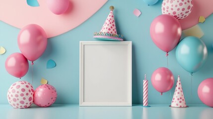 Celebration scene with balloons and party hats surrounding a white frame on a blue background