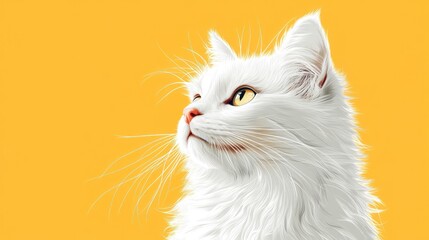 A white cat with yellow eyes gazing upwards on a vibrant yellow background