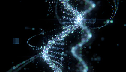 Abstract Digital DNA Helix with Glowing Particles and Biotech Data Visualization for Science and Medical Research Background