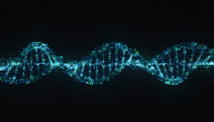 Futuristic Digital DNA Double Helix Concept - High Tech Genetic Engineering and Biotechnology Background with Glowing Particles and Data Waveforms