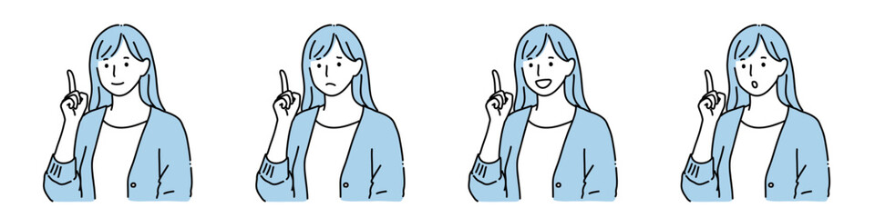 指差し　案内・説明・注意　表情違いの女性のシンプル線画　ブルー