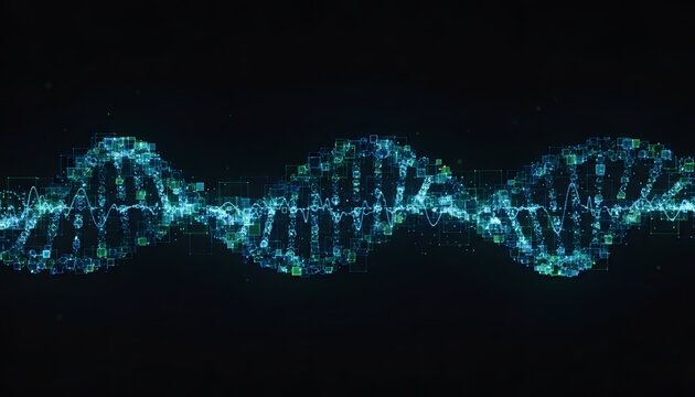Futuristic Digital DNA Double Helix Concept - High Tech Genetic Engineering and Biotechnology Background with Glowing Particles and Data Waveforms - Powered by Adobe