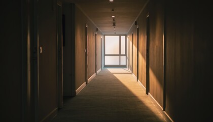 Golden Light Bathes a Long, Empty Hotel Corridor