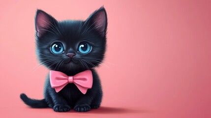Adorable black kitten with pink bow tie sitting on pastel pink background