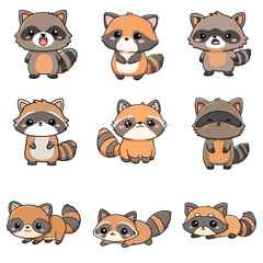 Set Icon of Raccoon kawaii minimal flat