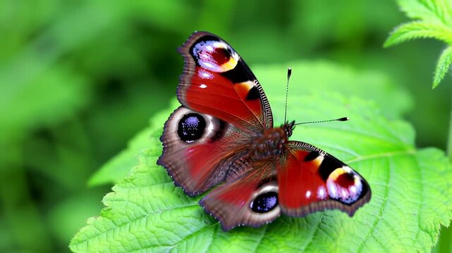 A colorful butterfly with eyespots rests on a textured green leaf