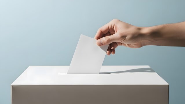 hand voting ballot box, democracy election concept minimalist studio, civic duty political participation clean background stock photo