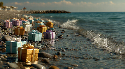 Colorful gift boxes scattered on a pebble beach by the sea.