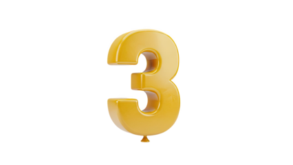 3D Golden Balloon Number 3 on transparent background