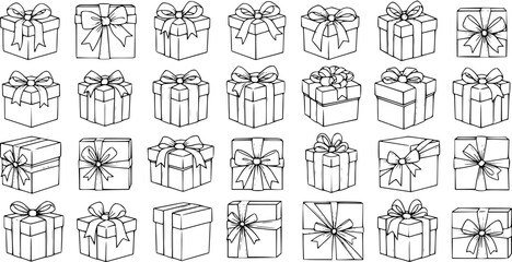 Fototapeta premium Black and White Line Art Collection of Assorted Gift Boxes with Ribbons and Bows