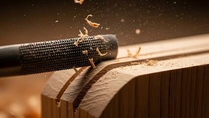 Artisan crafting meticulous wooden shapes with rasp in workshop environment