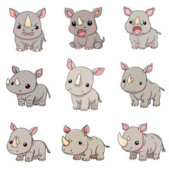 Set Icon of Rhinoceros kawaii minimal flat