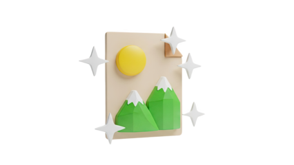 3D Illustration of a sunny mountain landscape with stars on transparent background