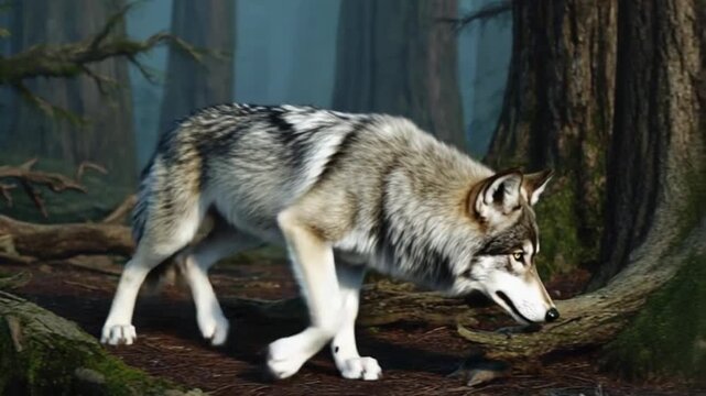 Majestic wolf standing in misty forest with mossy trees