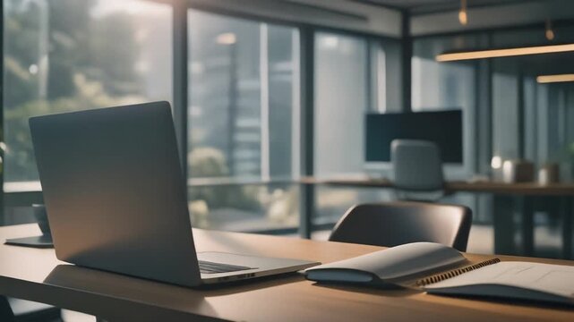 Cinematic stock video of a modern corporate office workspace with an empty desk and laptop illuminated by soft natural light. Clean professional atmosphere suitable for business, productivity, and cor