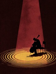 Silhouette of a Musician Performing on Stage With a Spotlight and Soundwaves Emanating From the Cello