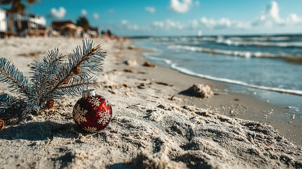 Christmas ornament and pine branch on sandy beach near ocean shoreline.