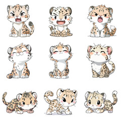 Set Icon of Snow leopard kawaii minimal flat