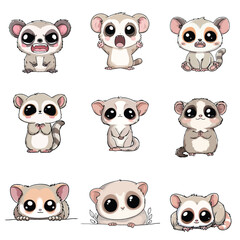 Set Icon of Slender loris kawaii minimal flat