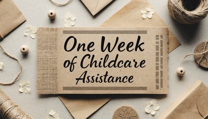 A rustic coupon for one week of childcare assistance, surrounded by craft supplies like brown paper, twine, beads, and paper flowers on a light textured background.