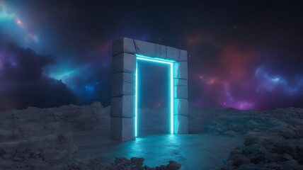 Abstract portal stone gate with neon glowing light in the dark space landscape of cosmic, rocky mountain stone field, spectrum light effect