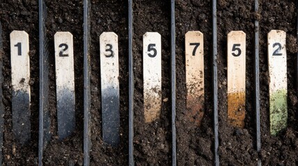 Wooden Plant Markers Arranged in Soil for Garden Organization and Identification of Various Plants and Seeds During Spring Planting Session