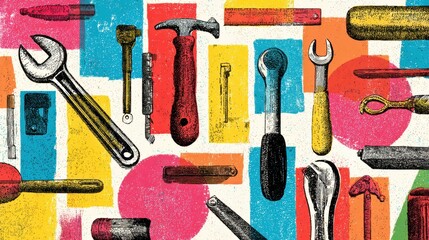 Vibrant Assortment of Tools Arranged Creatively on a Colorful Background Showcasing Craftsmanship