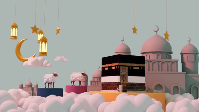 Vibrant 3D animation of Kaaba and mosque with sheep on clouds