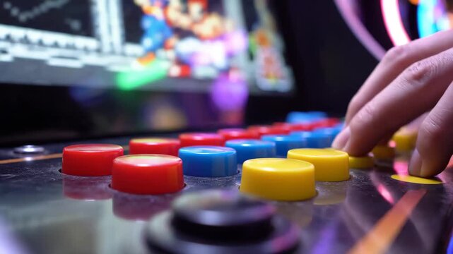 Hands playing retro fighting game on arcade controller photography