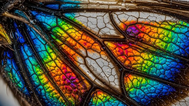 Vibrant macro close-up of an insect wing, alive with iridescent rainbow colors and intricate vein patterns, revealing nature's stunning microscopic beauty