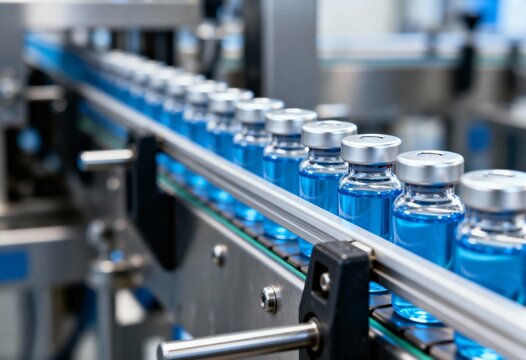 Blue-filled glass vials moving along an automated conveyor belt, pharmaceutical production line close-up.