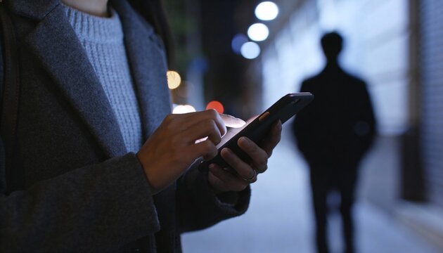 Close-up of a person using a glowing smartphone screen at night on a street while a shadowy figure looms in the blurred background.