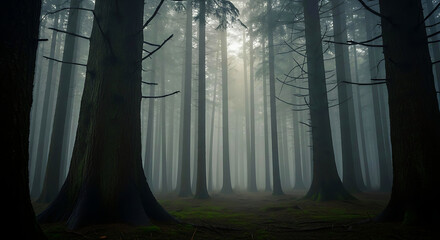 Mysterious foggy forest with tall trees and sunlight filtering through