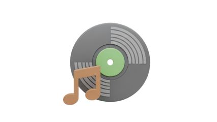 3D Vinyl Record with Music Note Icon on transparent background