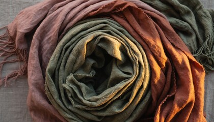 Three natural linen scarves in earthy tones of green, brown, and orange, artfully arranged.