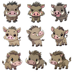 Set Icon of Warthog kawaii minimal flat